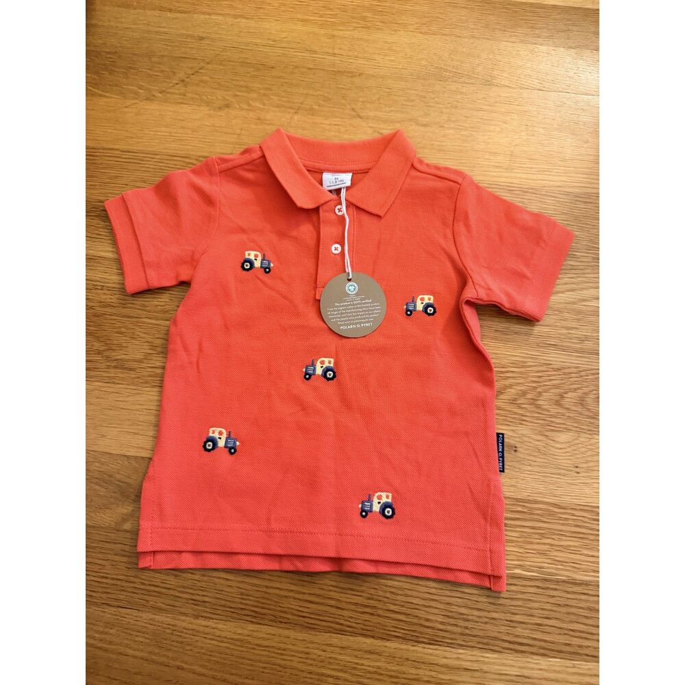 Polarn O. Pyret Boys Tractor Polo Shirt Orange Organic Cotton 1-1.5Y NWT
